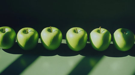 A visually striking composition of six green apples lined perfectly, showcasing their smooth texture and vibrant color against a dark green background with dramatic shadows.の素材
