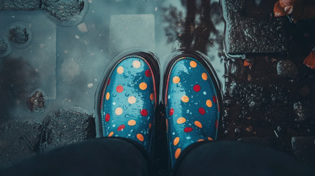 A vibrant pair of polka dot rain boots adds a splash of color to a rainy day scene, standing in a puddle on damp pavement, evoking a playful, carefree mood.の素材