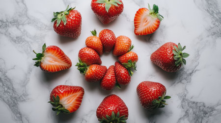 An artistic arrangement of fresh strawberries displayed on a marble surface, highlighting their vibrant colors and textures, perfect for food enthusiasts and photographers.の素材