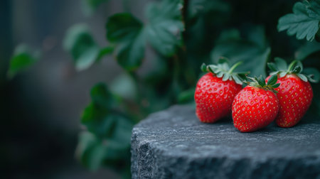 Three fresh red strawberries sit elegantly on a textured stone surface, surrounded by lush green leaves, capturing the essence of nature's delicious bounty and healthy eating.の素材