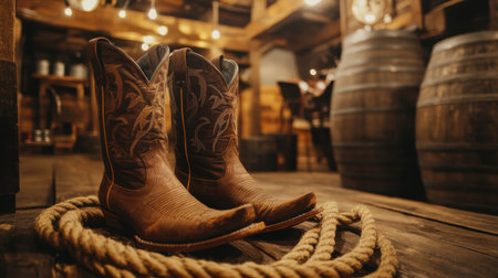 A pair of rustic brown cowboy boots with intricate designs rests on a coiled rope, surrounded by wooden barrels, creating a warm and inviting atmosphere ideal for country-themed settings.の素材