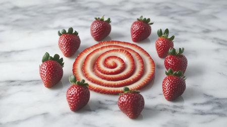 A stunning arrangement of sliced strawberries forming a spiral design against a marble backdrop, perfect for capturing the essence of fresh, healthy culinary creations.の素材