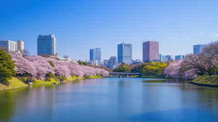 A beautiful scene showcasing blooming cherry blossom trees along a serene river, with a vibrant modern city skyline and clear blue sky enhancing the spring atmosphere.の素材