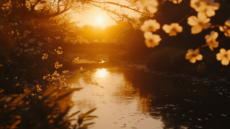 A tranquil sunset casts a golden glow over a calm river, framed by blooming flowers. This serene scene captures nature's beauty and peace at dusk.の素材