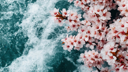 A captivating view of cherry blossoms gracefully blooming above a turquoise river, showcasing the vibrant harmony of spring's floral beauty and tranquil waters.の素材