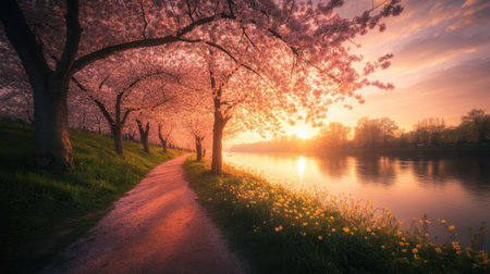 A picturesque scene showcasing a tranquil sunset walk beneath blooming cherry blossom trees by the river, capturing the essence of spring's beauty and serenity.の素材