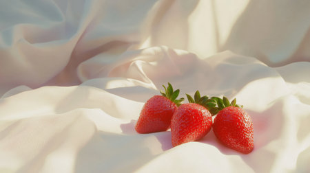This image features three fresh strawberries placed elegantly on soft silk fabric, illuminated by bright natural light. A stunning representation of freshness and beauty.の素材