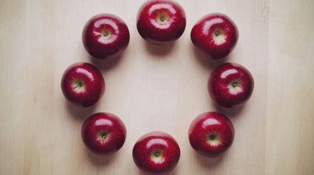 A visually appealing arrangement of fresh red apples displayed in a circular pattern on a light wooden surface, emphasizing themes of healthy living and nature.の素材