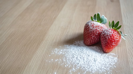 Fresh strawberries dusted with powdered sugar are showcased on a wooden surface, ideal for culinary presentations or delightful dessert recipes. Perfect for food lovers.の素材