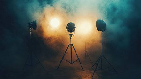 Captivating atmosphere with vintage spotlights glowing through fog, perfect for any creative project or photography that seeks to evoke drama and emotion.の素材