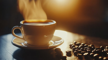 A steaming cup of coffee sits on a wooden table near scattered coffee beans, creating a cozy atmosphere perfect for relaxation and enjoyment in a coffee shop.の素材