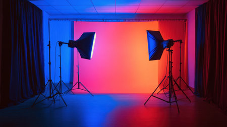 A modern photography studio featuring softboxes and colorful lighting. The vibrant backdrop creates an ideal space for creative portraits and professional photo shoots.の素材