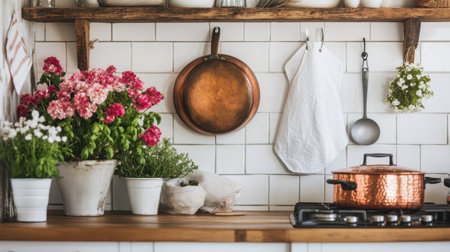 A welcoming kitchen scene featuring copper cookware, vibrant flowers, and rustic shelves. Perfect inspiration for home decor enthusiasts and cooking lovers.の素材