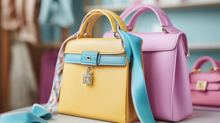 Two stylish handbags in yellow and pink showcase a blend of elegance and modern design, perfect for fashion enthusiasts seeking vibrant accessories in a trendy boutique setting.の素材