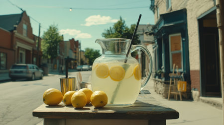 A vibrant pitcher of lemonade sits on a table outdoors, surrounded by fresh lemons, capturing the essence of summer and the joy of refreshing moments.の素材