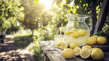 Enjoy the vibrant scene of homemade lemonade in a glass pitcher, surrounded by fresh lemons, set on a rustic wooden table in a sunny garden atmosphere.の素材