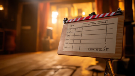 A captivating view of a production slate resting on a wooden floor, surrounded by warm lights, symbolizing the creative process in filmmaking and cinematic artistry.の素材