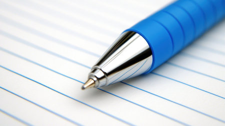 This image features a blue ballpoint pen positioned on a sheet of white lined paper, ideal for writing notes, ideas, or plans in a modern office or study setting.の素材