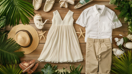 Vibrant summer outfit flat lay featuring a dress, shirt, shorts, and accessories on a wooden background, perfect for seasonal fashion and beach adventures.の素材