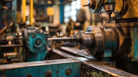 A detailed close-up of an industrial machine in action, showcasing precision metal fabrication. This image captures the intricate workings and the organized workshop environment.の素材