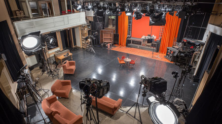 Aerial shot of a film set featuring multiple lighting rigs and cameras, creating a vibrant backdrop in a large studio, ready for production and performance activities.の素材