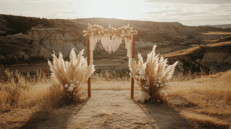 This stunning outdoor wedding scene features a beautiful macrame arch adorned with pampas grass and flowers, set against a breathtaking sunset landscape.の素材