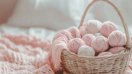 A collection of soft pastel yarn balls rests in a woven basket on a cozy knitted blanket, creating a warm, inviting space perfect for crafting and relaxation.の素材