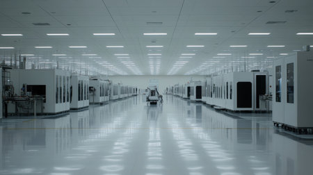Explore a modern clean room environment showcasing sophisticated manufacturing equipment. This high-tech production facility emphasizes innovation and cleanliness in industrial processes.の素材