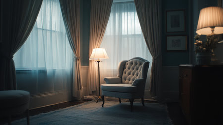 A cozy living room featuring an elegant armchair illuminated by soft light from a lamp, surrounded by sheer curtains, creating a tranquil atmosphere in home design.の素材