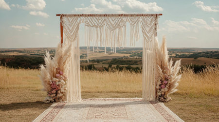 Stunning bohemian wedding arch featuring macrame and pampas grass set against a picturesque outdoor landscape, perfect for romantic ceremonies and celebrations.の素材