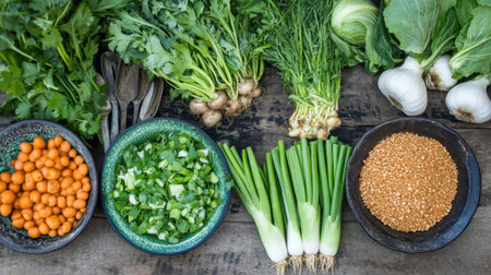 A colorful array of fresh vegetables and herbs arranged on a rustic wooden table. Perfect for healthy cooking and meal preparation, featuring vibrant greens and earthy tones.の素材