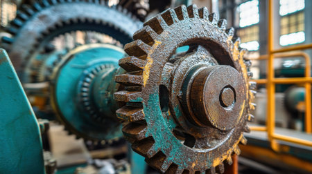This close-up image showcases a rusty gear from an industrial machine, illustrating mechanical details and textures that offer a vintage engineering aesthetic.の素材