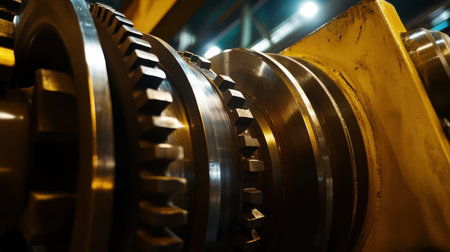 This image showcases a close-up of intricate industrial gears and machinery components, illustrating the precision and craftsmanship involved in metal engineering within a factory environment.の素材