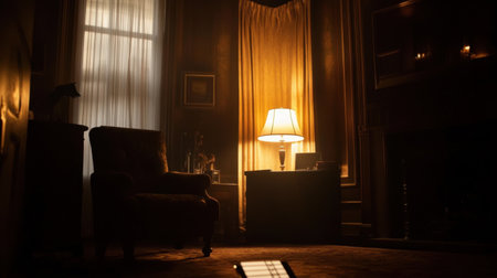 This image showcases a cozy living room scene with an inviting lamp casting warm light, elegant drapes enhancing the interior, and a comfortable atmosphere perfect for relaxation.の素材