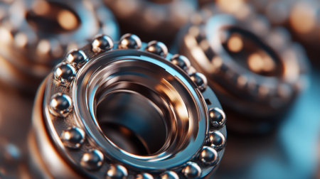 This closeup image captures the intricate details of metallic ball bearings showcasing their smooth surface and reflective properties, ideal for showcasing industrial technology.の素材
