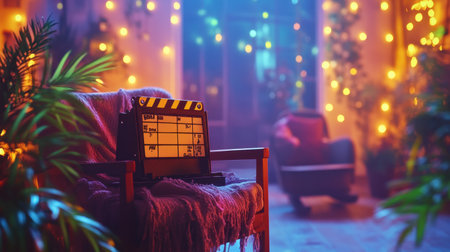 A vibrant and cozy living space featuring a movie clapperboard on a plush chair surrounded by warm lights and lush greenery, perfect for relaxation and creativity.の素材