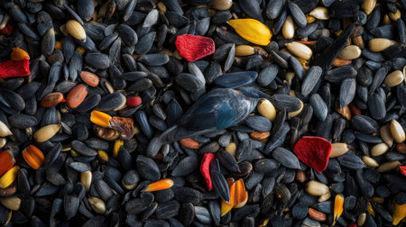 A colorful bird blends into a varied assortment of seeds surrounded by bright petals, showcasing nature's beauty and the tranquility of a lively ecosystem.の素材