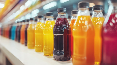 A visually striking arrangement of colorful bottled beverages on a retail shelf, showcasing a variety of enticing options for customers seeking refreshment and hydration.の素材