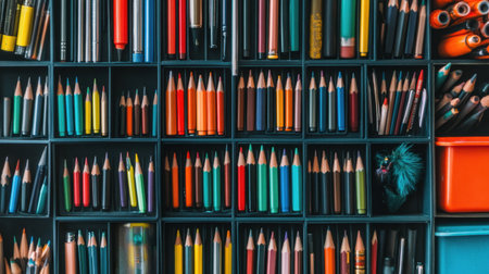 A visually striking collection of diverse art supplies neatly arranged in a storage box. Perfect for artists and hobbyists looking to inspire creativity and design.の素材