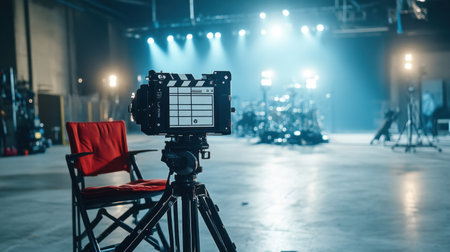 A captivating view of a professional film set featuring a camera, director chair, and dramatic lighting, ideal for showcasing filmmaking creativity and cinematic production.の素材