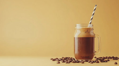 A vibrant coffee drink displayed in a glass jar with a straw, surrounded by coffee beans on a bright yellow background, perfect for beverage and cafe themes.の素材