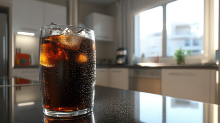 A chilled glass filled with cola, adorned with ice cubes, captures the essence of refreshment in this modern kitchen setting with bright, natural light.の素材