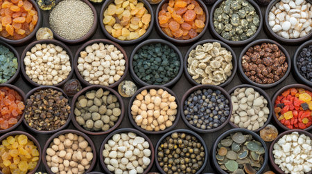 This image showcases an array of natural dried herbs and spices displayed in round bowls, emphasizing color, texture, and freshness for culinary enhancement.の素材