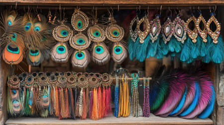 A stunning display of handcrafted earrings and colorful feather accessories showcases vibrant designs and intricate craftsmanship. Perfect for fashion lovers and artisans.の素材