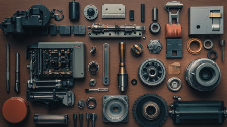 A mesmerizing overhead view showcasing a variety of engineering components and tools meticulously arranged on a wooden surface, perfect for technical inspiration.の素材