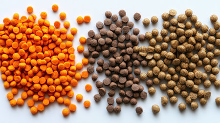 Colorful assortment of pet food kibble and treats arranged neatly, showcasing different textures and colors, perfect for pet care promotions and culinary uses.の素材
