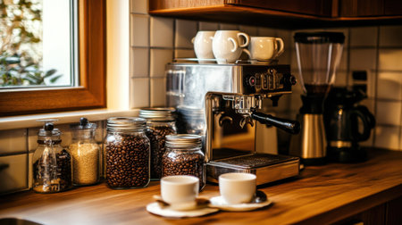 A beautifully arranged kitchen scene featuring a sleek espresso machine, glass jars of coffee beans and sugar, and elegant white mugs on a wooden counter.の素材