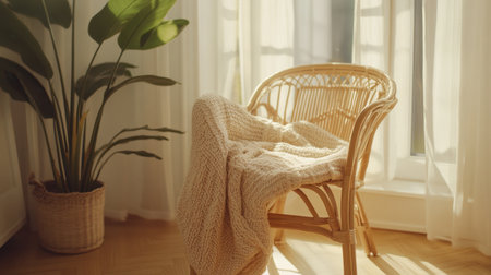 A serene indoor corner showcasing a rattan chair draped with a soft blanket, bathed in natural light, accompanied by lush green foliage, perfect for relaxation.の素材