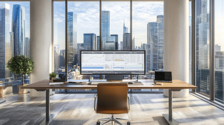 A sleek office workspace features a large desk with a computer setup, providing a stunning view of a bustling city skyline through expansive windows.の素材