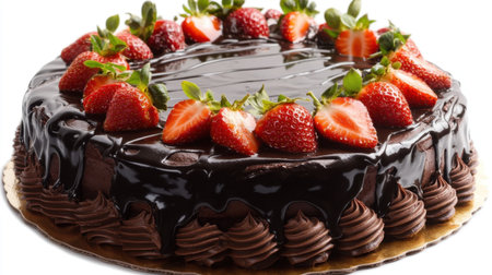 This luscious strawberry cake features a rich chocolate ganache topped with fresh strawberries, perfect for any celebration or as a delightful dessert indulgence.の素材